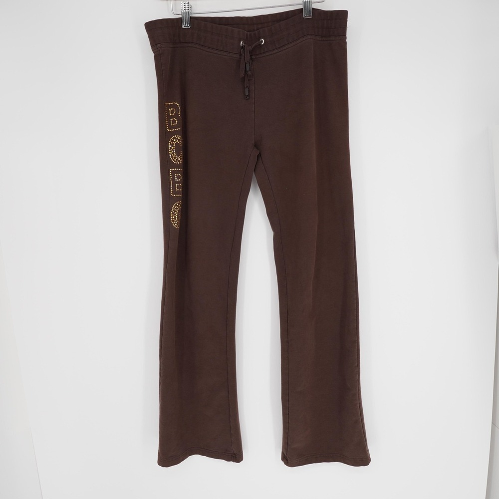 BCBG Y2K Yoga Pants Womens L Brown Rhinestone Low Rise Bling Flare Leg Sweats